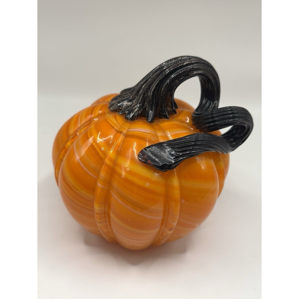 Art Glass Orange Pumpkin Curled Stem 4.5"figurine decor paperweight Fall Autumn
